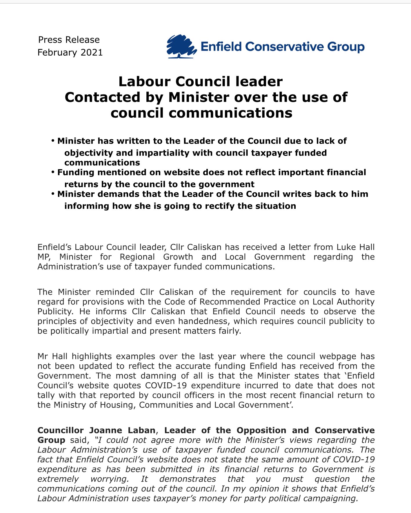 Press release - council covid communications